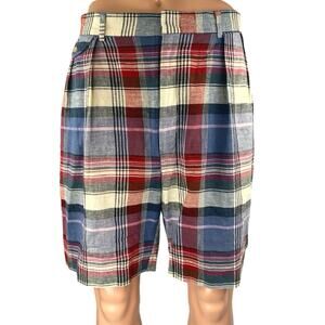 Polo by Ralph Lauren Blue Plaid Checkered Pleated Straight Leg Bermuda Shorts 34